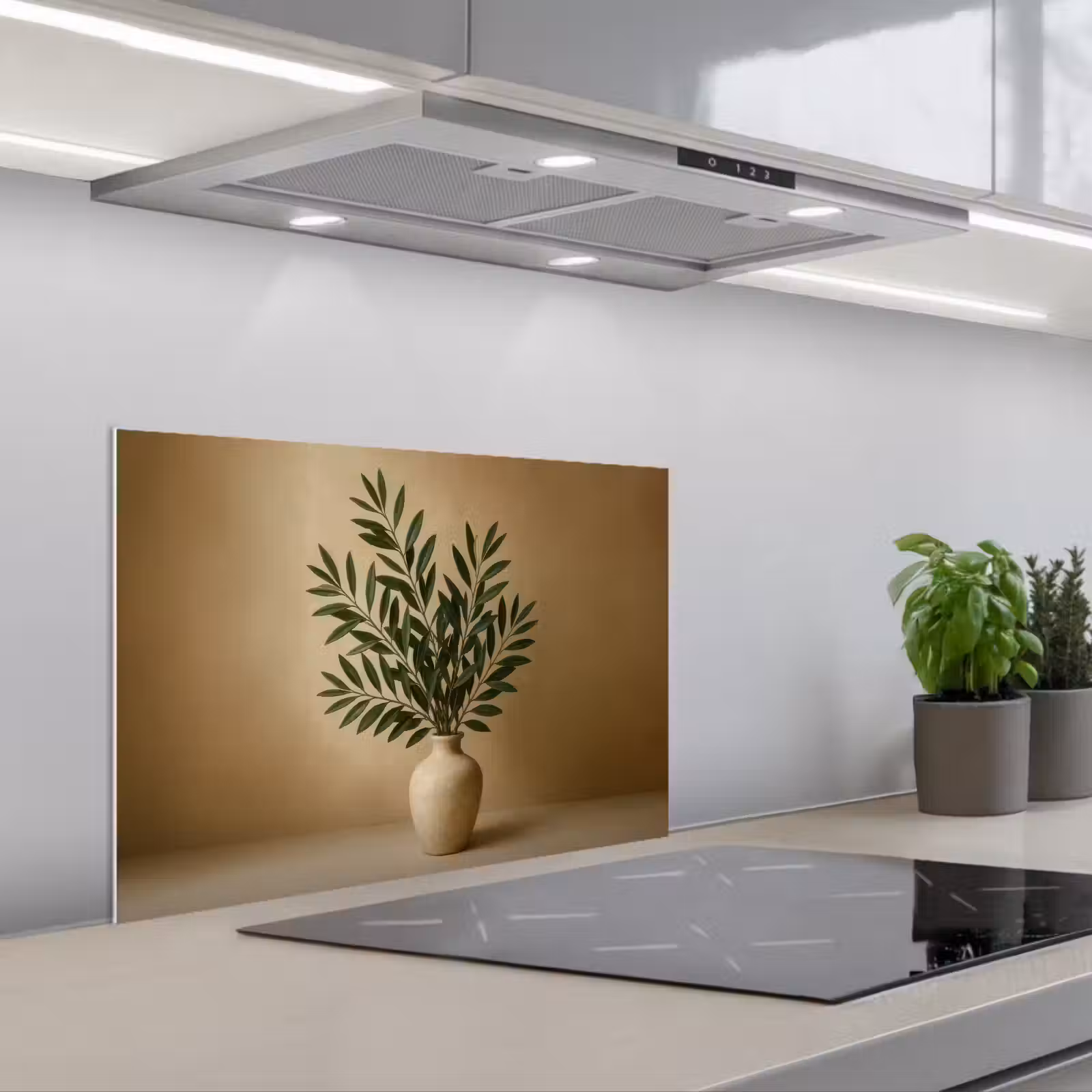 Paraschizzi cucina - Vaso - Rami d'ulivo - Foglie - Beige — 1