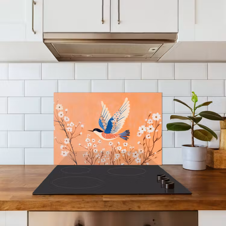 Paraschizzi cucina - Uccello - Rami in fiore - Caldo - Colorato — 3