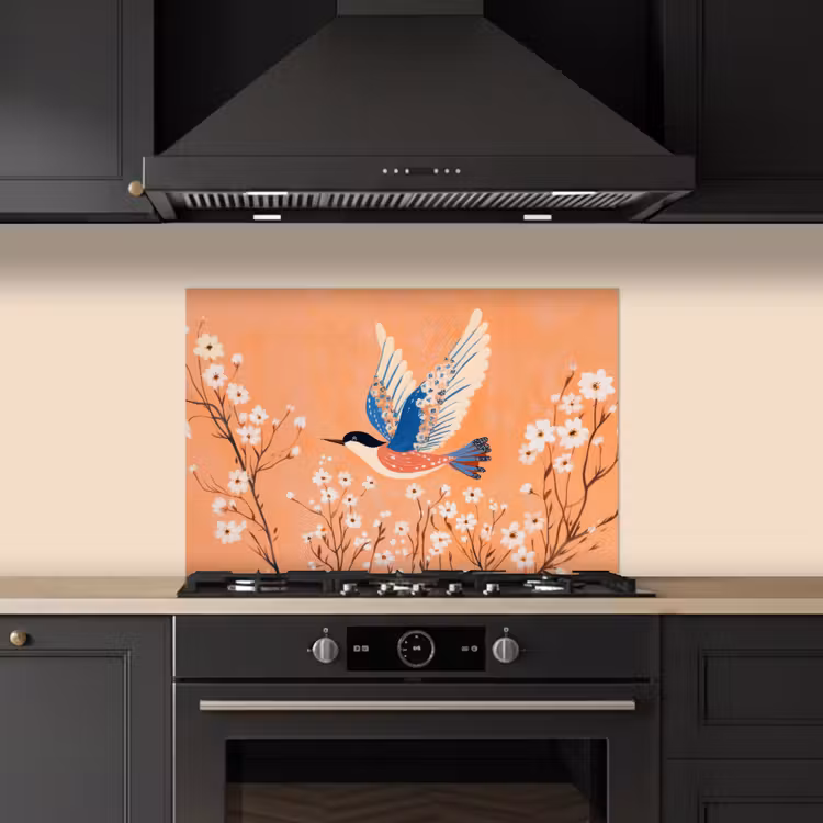 Paraschizzi cucina - Uccello - Rami in fiore - Caldo - Colorato — 5