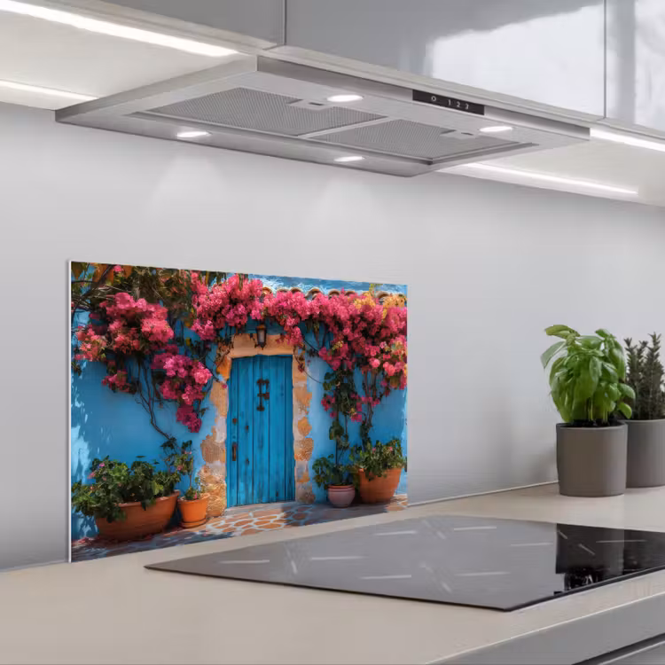 Paraschizzi cucina - Porta - Legno - Fiori - Blu — 1