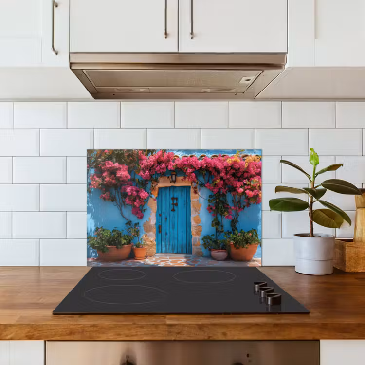 Paraschizzi cucina - Porta - Legno - Fiori - Blu — 3