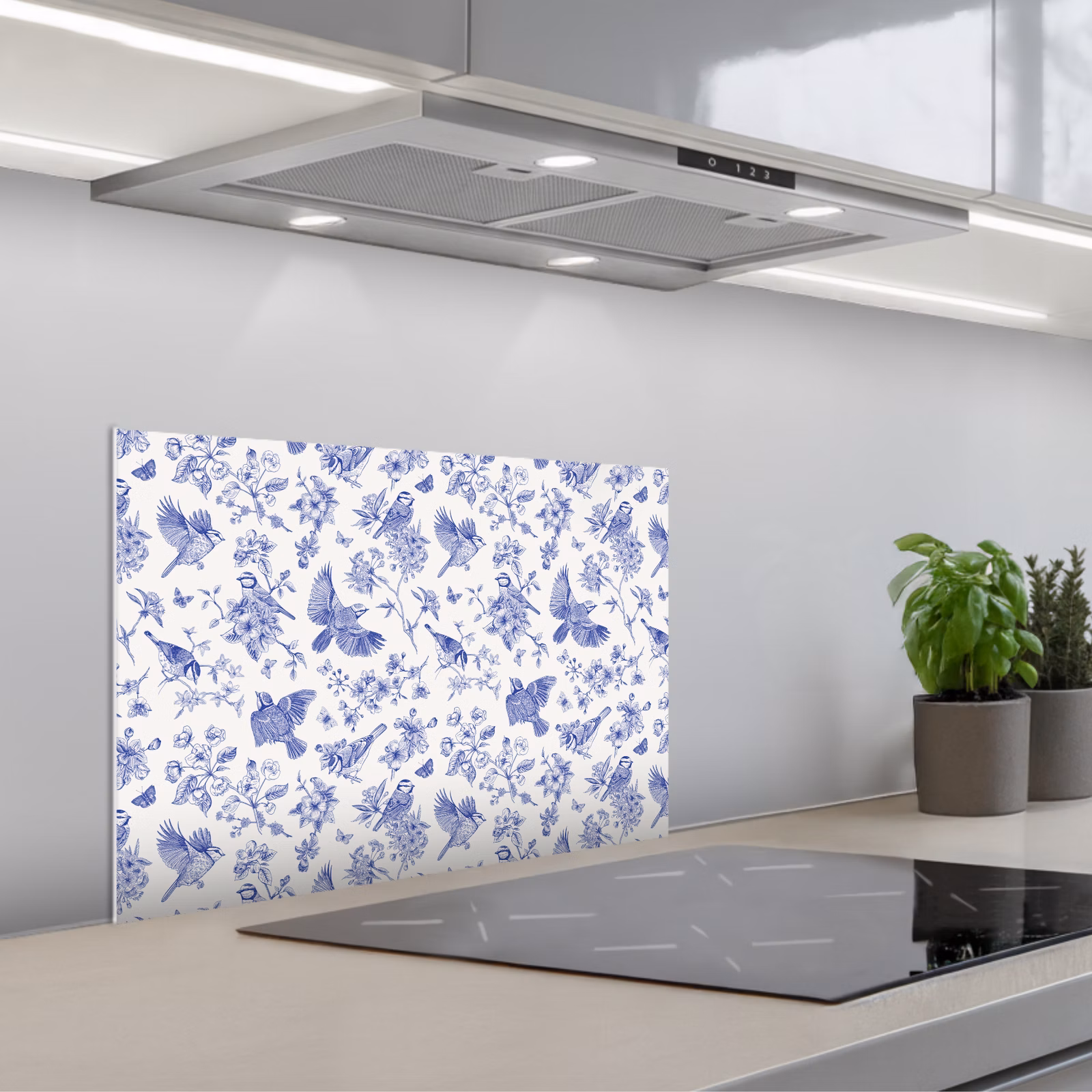 Paraschizzi cucina - Uccelli - Fiori - Blu — 1