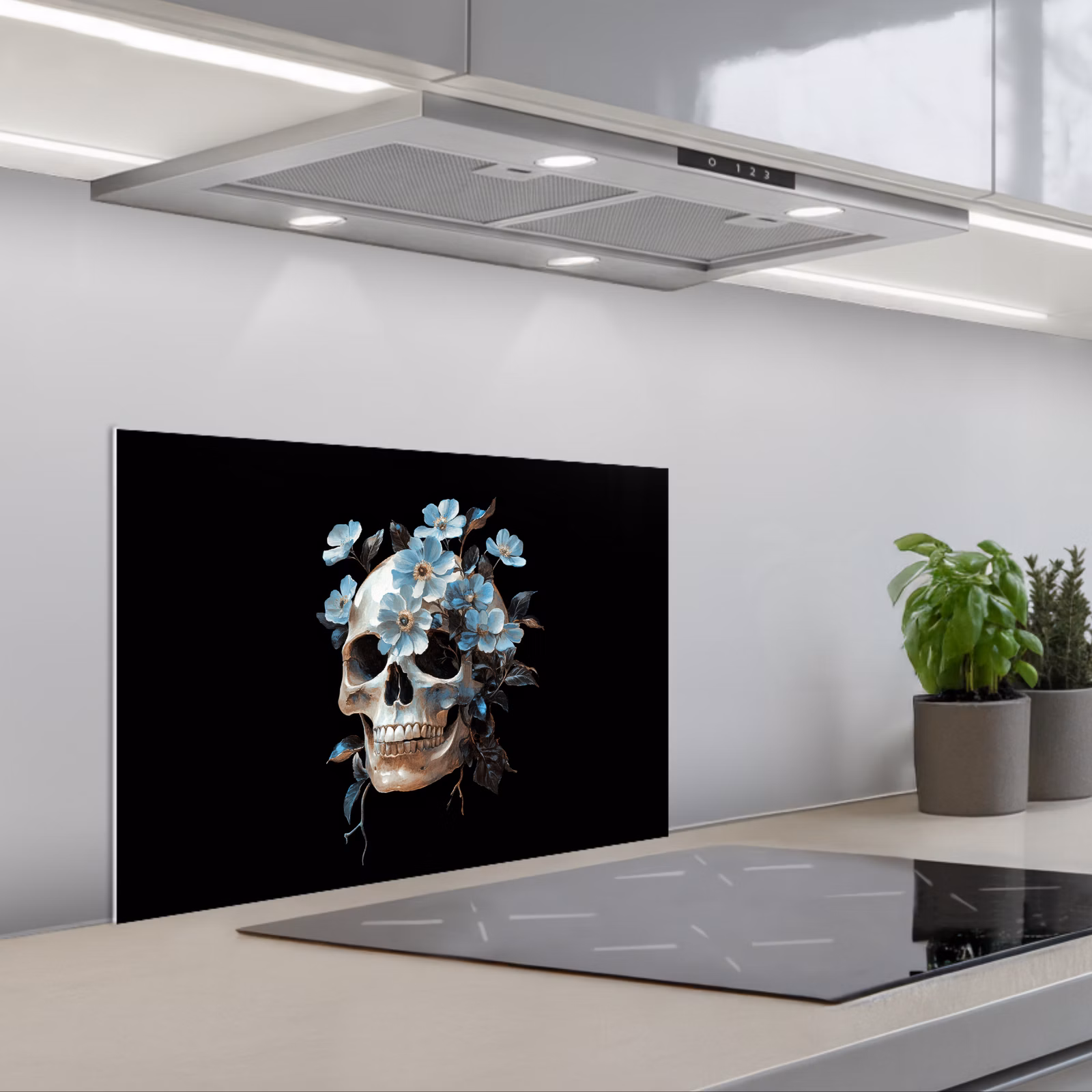 Paraschizzi cucina - Teschio - Blu - Fiori - Foglie — 1