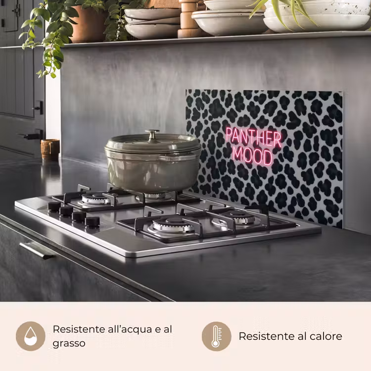 Paraschizzi cucina - Stampa pantera - Nero - Lettere neon - Rosa — 2