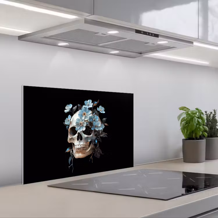 Paraschizzi cucina - Teschio - Blu - Fiori - Foglie — 1