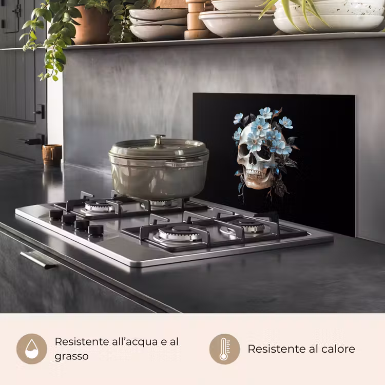 Paraschizzi cucina - Teschio - Blu - Fiori - Foglie — 2