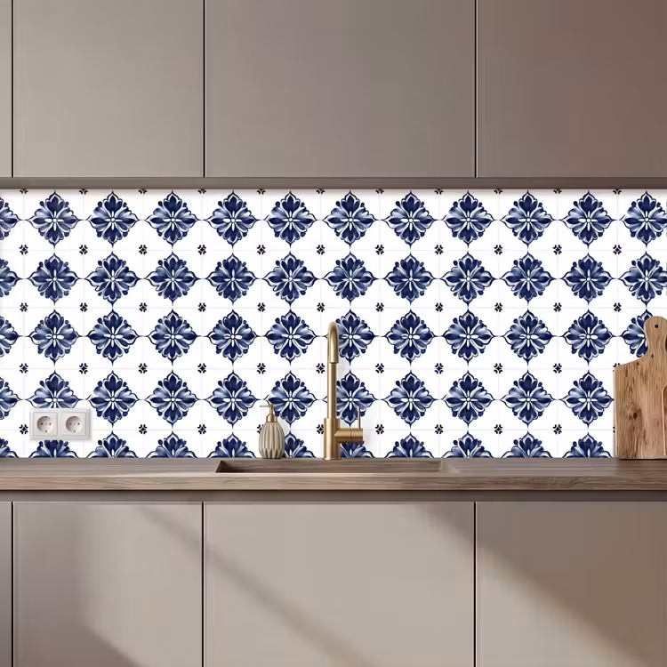 Schienale cucina - Motivo a piastrelle - Blu - Bianco - Fiore — 1
