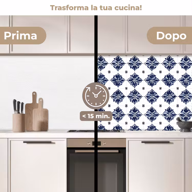 Schienale cucina - Motivo a piastrelle - Blu - Bianco - Fiore — 3