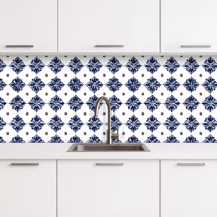 Schienale cucina - Motivo a piastrelle - Blu - Bianco - Fiore — 4