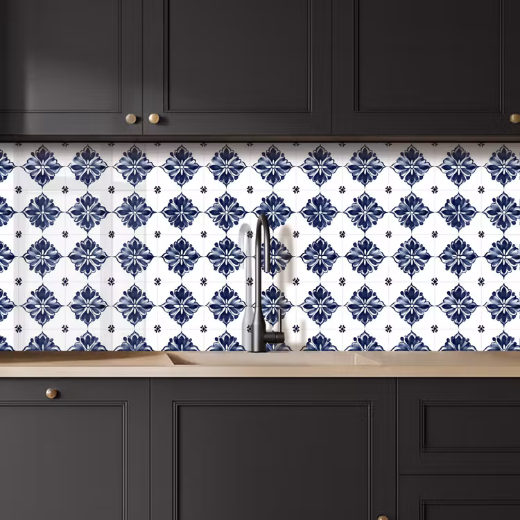 Schienale cucina - Motivo a piastrelle - Blu - Bianco - Fiore — 6