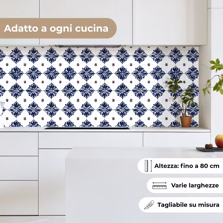 Schienale cucina - Motivo a piastrelle - Blu - Bianco - Fiore — 7