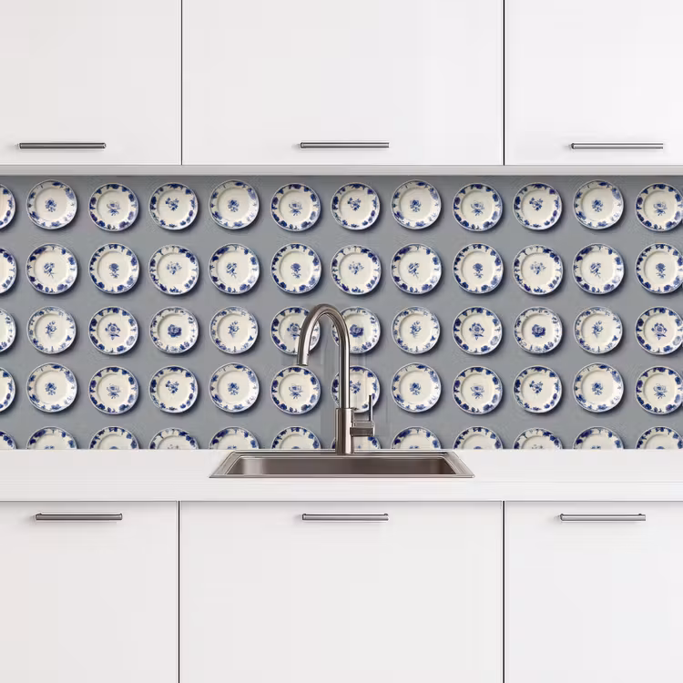 Schienale cucina - Segni - Fiori - Blu - Bianco — 4