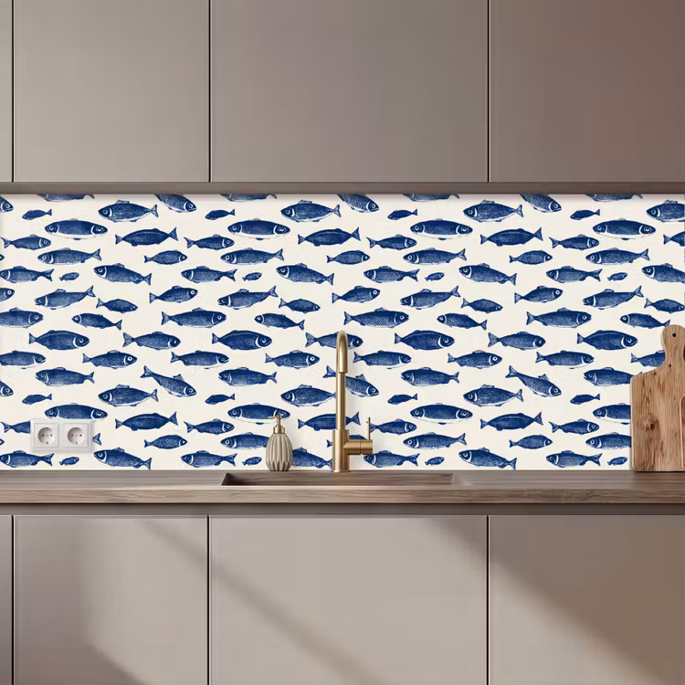 Schienale cucina - Pesce - Motivo - Blu - Bianco — 1