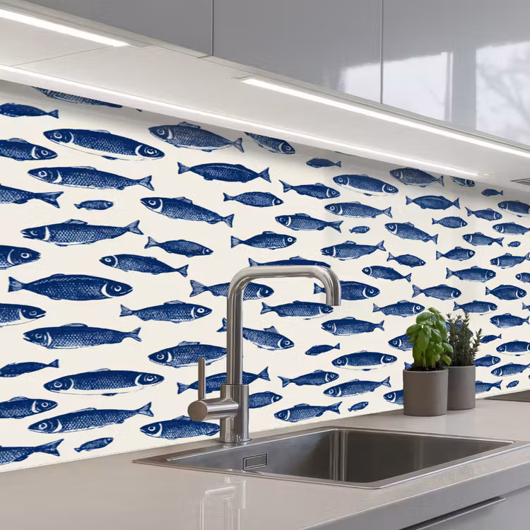 Schienale cucina - Pesce - Motivo - Blu - Bianco — 2