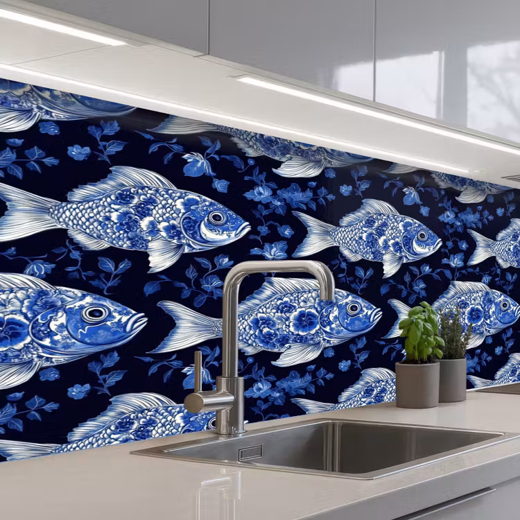 Schienale cucina - Pesci - Fiori - Blu — 2