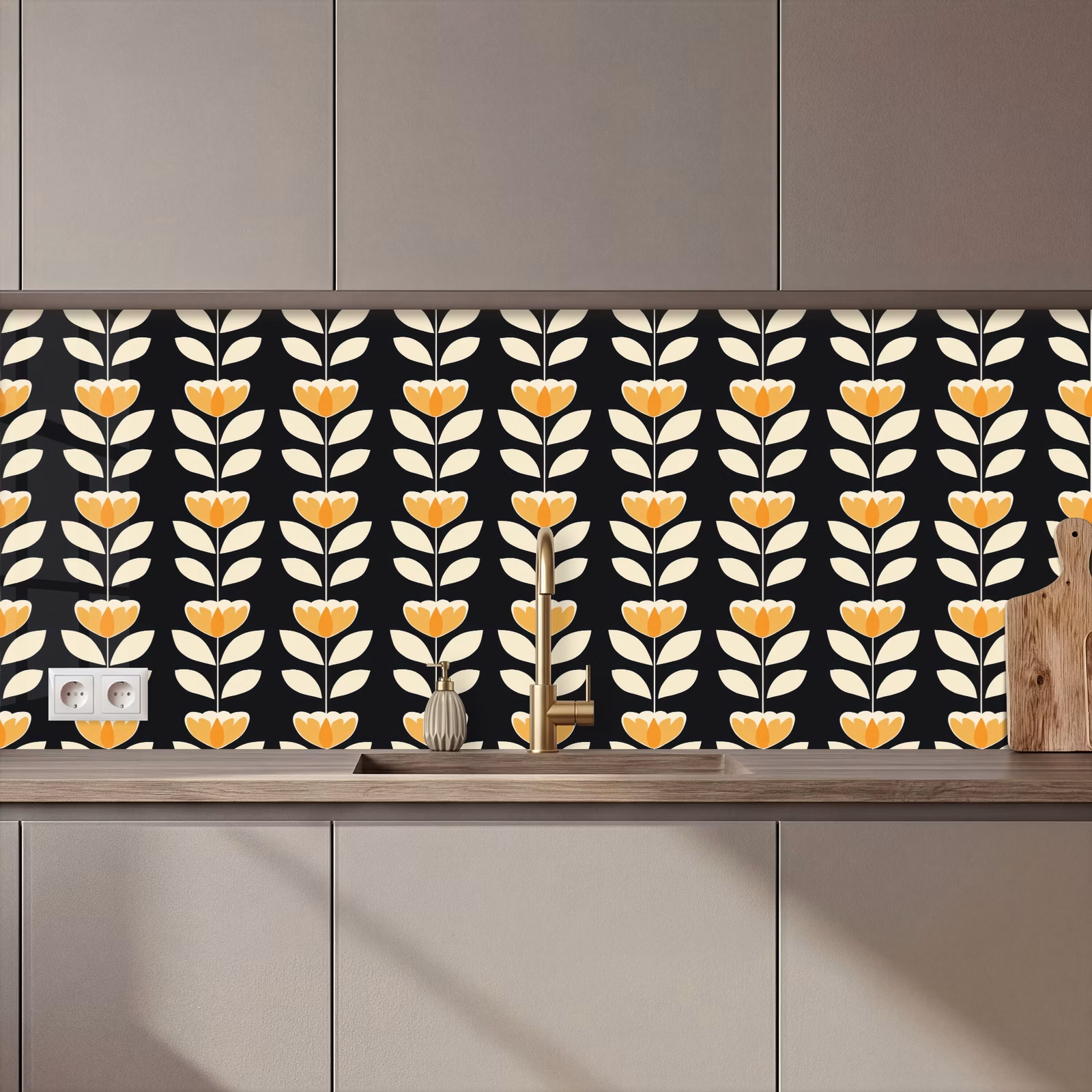 Schienale cucina - Retrò - Fiore - Nero - Giallo ocra — 1