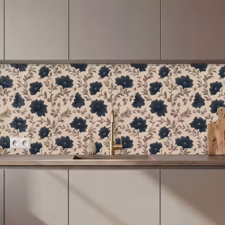 Schienale cucina - Motivo - Fiori - Nero - Beige — 1