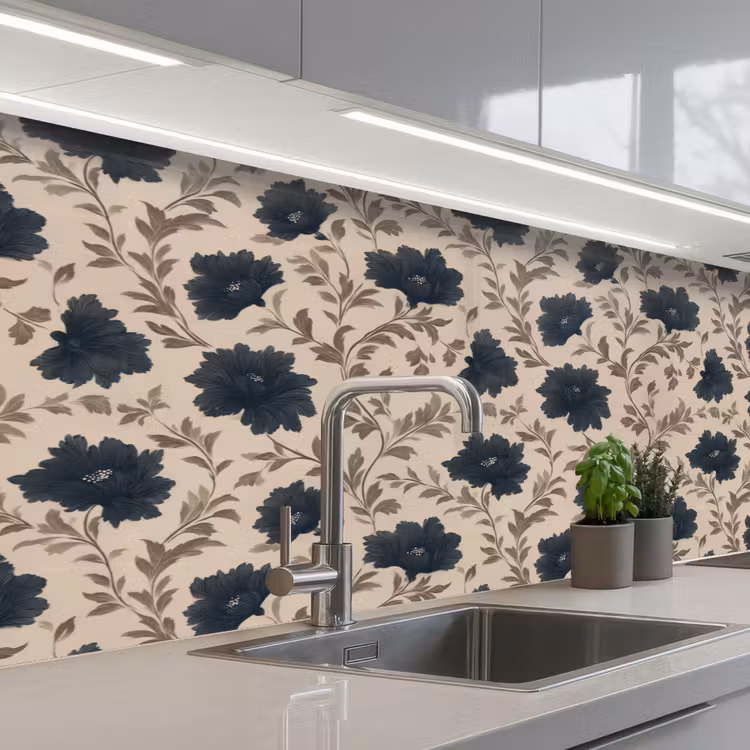 Schienale cucina - Motivo - Fiori - Nero - Beige — 2