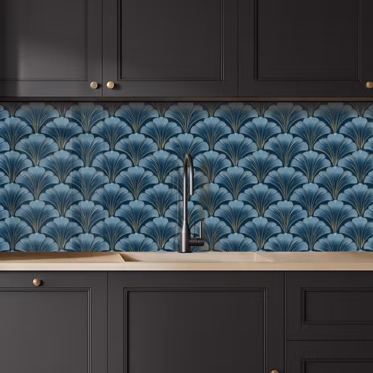 Schienale cucina - Motivo - Foglia di ginkgo - Blu — 6