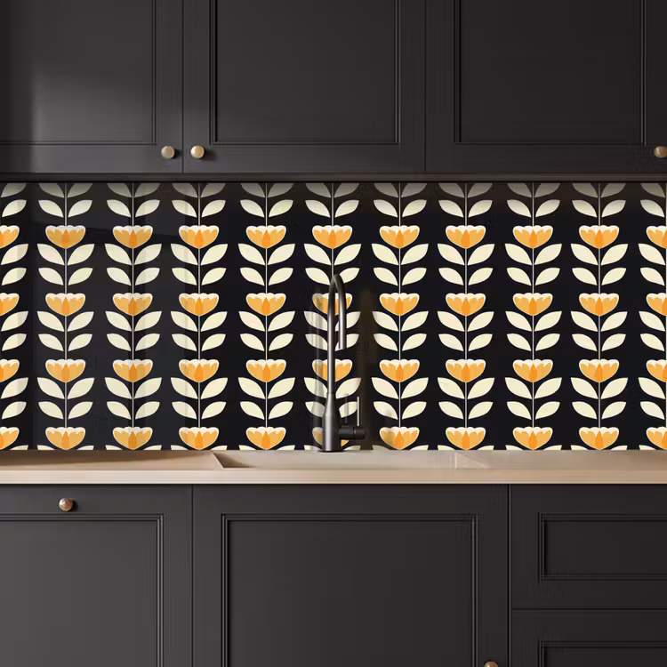 Schienale cucina - Retrò - Fiore - Nero - Giallo ocra — 6