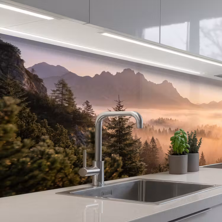 Schienale cucina - Luce del sole - Nebbia - Montagne - Alberi — 2