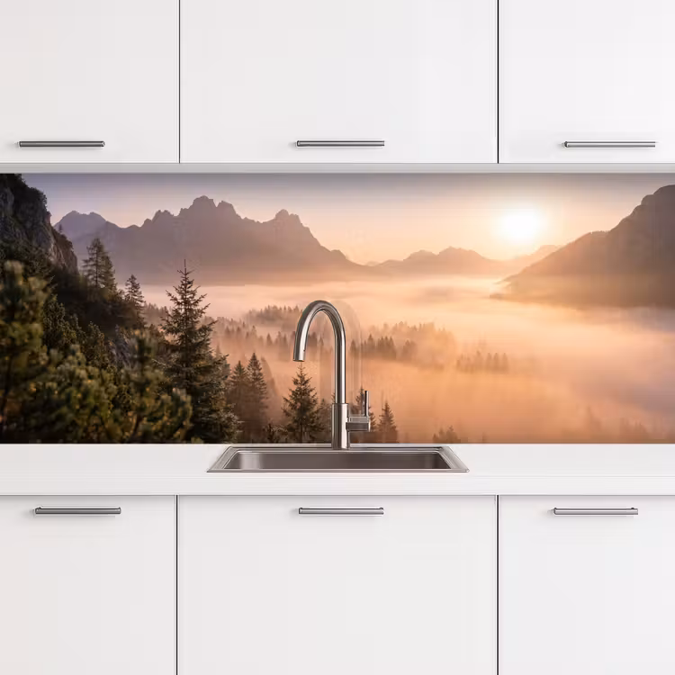 Schienale cucina - Luce del sole - Nebbia - Montagne - Alberi — 4
