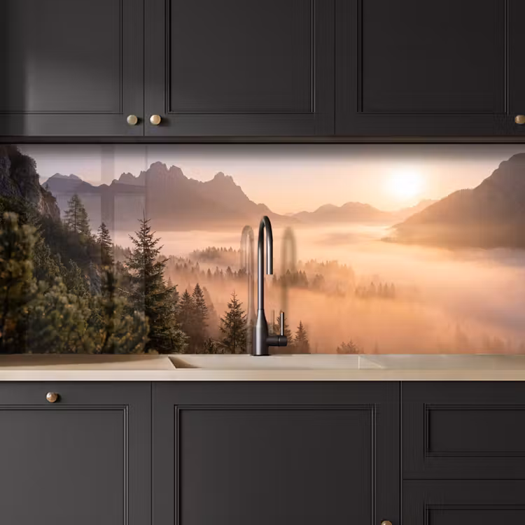 Schienale cucina - Luce del sole - Nebbia - Montagne - Alberi — 6