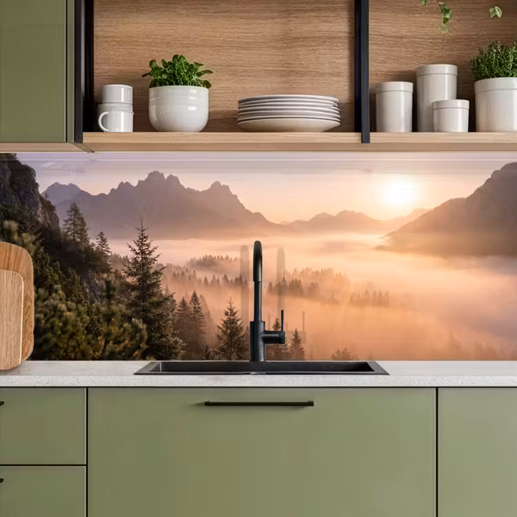Schienale cucina - Luce del sole - Nebbia - Montagne - Alberi — 8