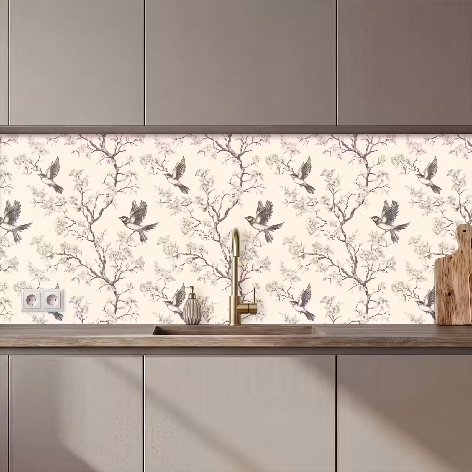 Schienale cucina - Rami - Uccelli - Beige — 1