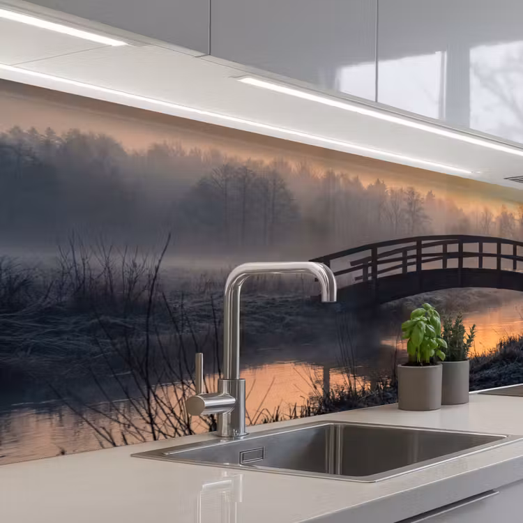 Schienale cucina - Ponte - Nebbia - Alberi - Acqua — 2
