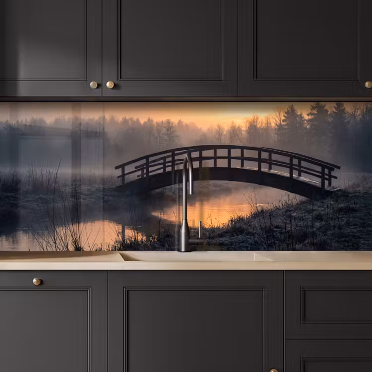 Schienale cucina - Ponte - Nebbia - Alberi - Acqua — 6