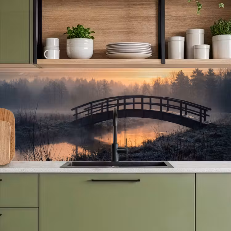 Schienale cucina - Ponte - Nebbia - Alberi - Acqua — 8