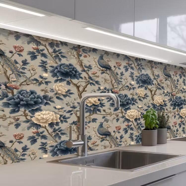 Schienale cucina - Pavone - Fiori - Blu — 2