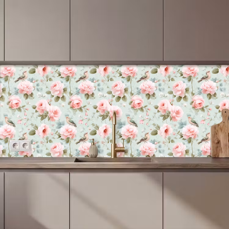 Schienale cucina - Rose - Uccelli - Pastello - Colorato — 1