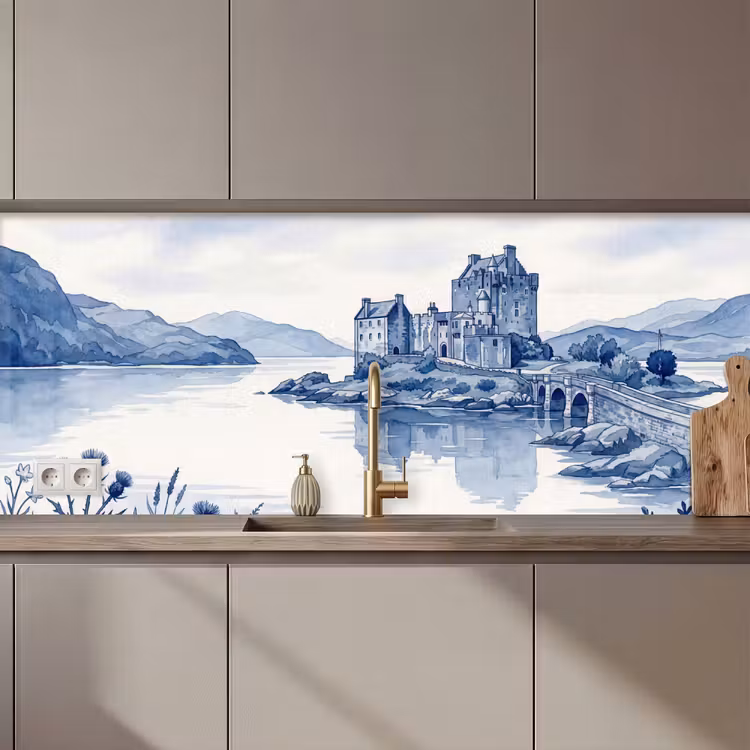 Schienale cucina - Scozia - Castello - Blu - Acquerello — 1
