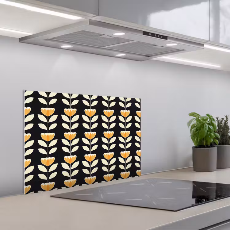 Paraschizzi cucina - Retrò - Fiore - Nero - Giallo ocra — 1