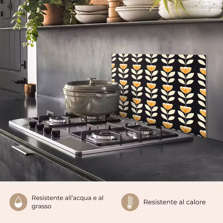 Paraschizzi cucina - Retrò - Fiore - Nero - Giallo ocra — 2