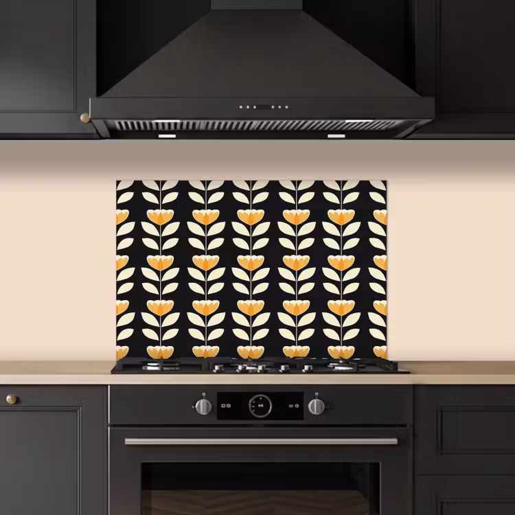 Paraschizzi cucina - Retrò - Fiore - Nero - Giallo ocra — 5