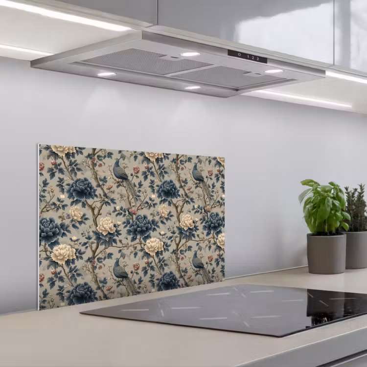 Paraschizzi cucina - Pavone - Fiori - Blu — 1