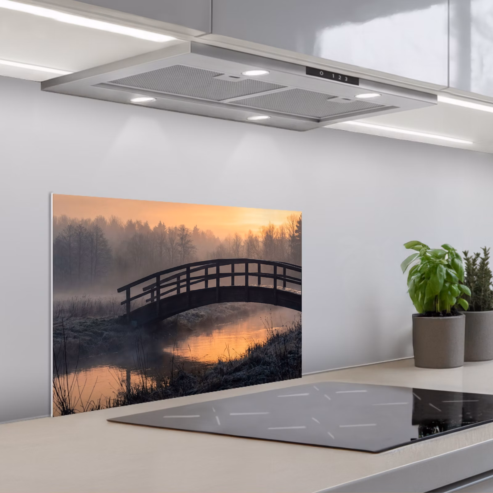 Paraschizzi cucina - Ponte - Nebbia - Alberi - Acqua — 1