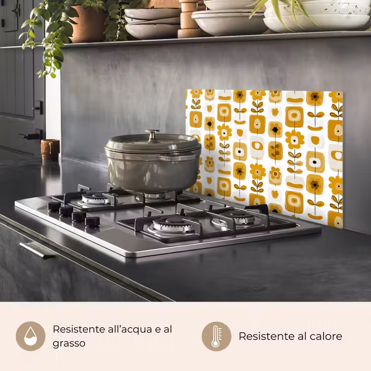 Paraschizzi cucina - Retro - Astratto - Fiori - Giallo ocra — 2