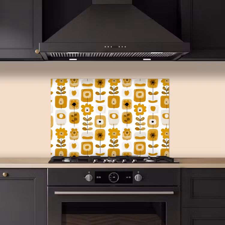 Paraschizzi cucina - Retro - Astratto - Fiori - Giallo ocra — 5