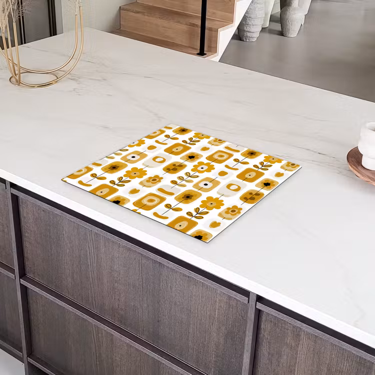 Protezione piano induzione - Retro - Astratto - Fiori - Giallo ocra — 4