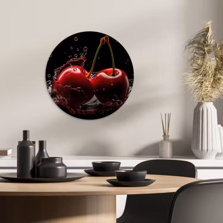 Quadro rotondo - Ciliegia - Rosso - Frutta - Acqua - Nero — 2