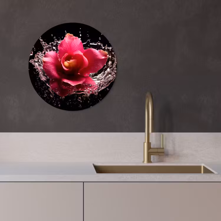 Quadro rotondo - Fiori - Rosa - Acqua - Nero - Botanica - Natura — 2