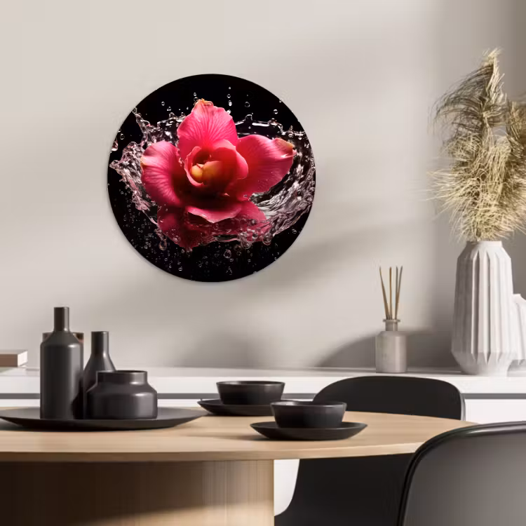 Quadro rotondo - Fiori - Rosa - Acqua - Nero - Botanica - Natura — 3