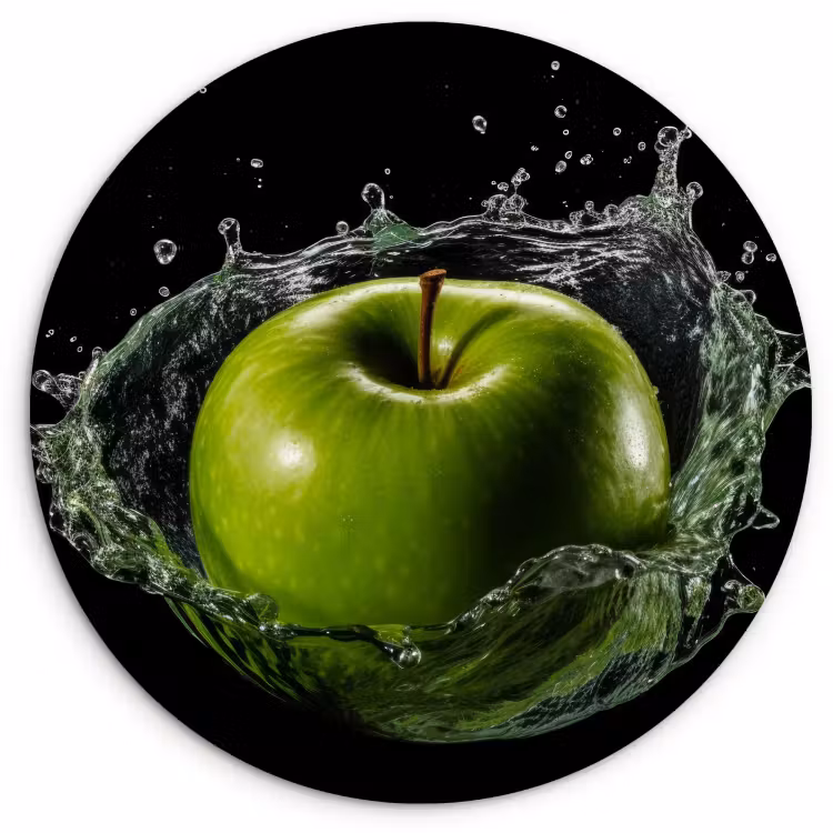 Quadro rotondo - Mela - Verde - Frutta - Acqua - Nero — 1