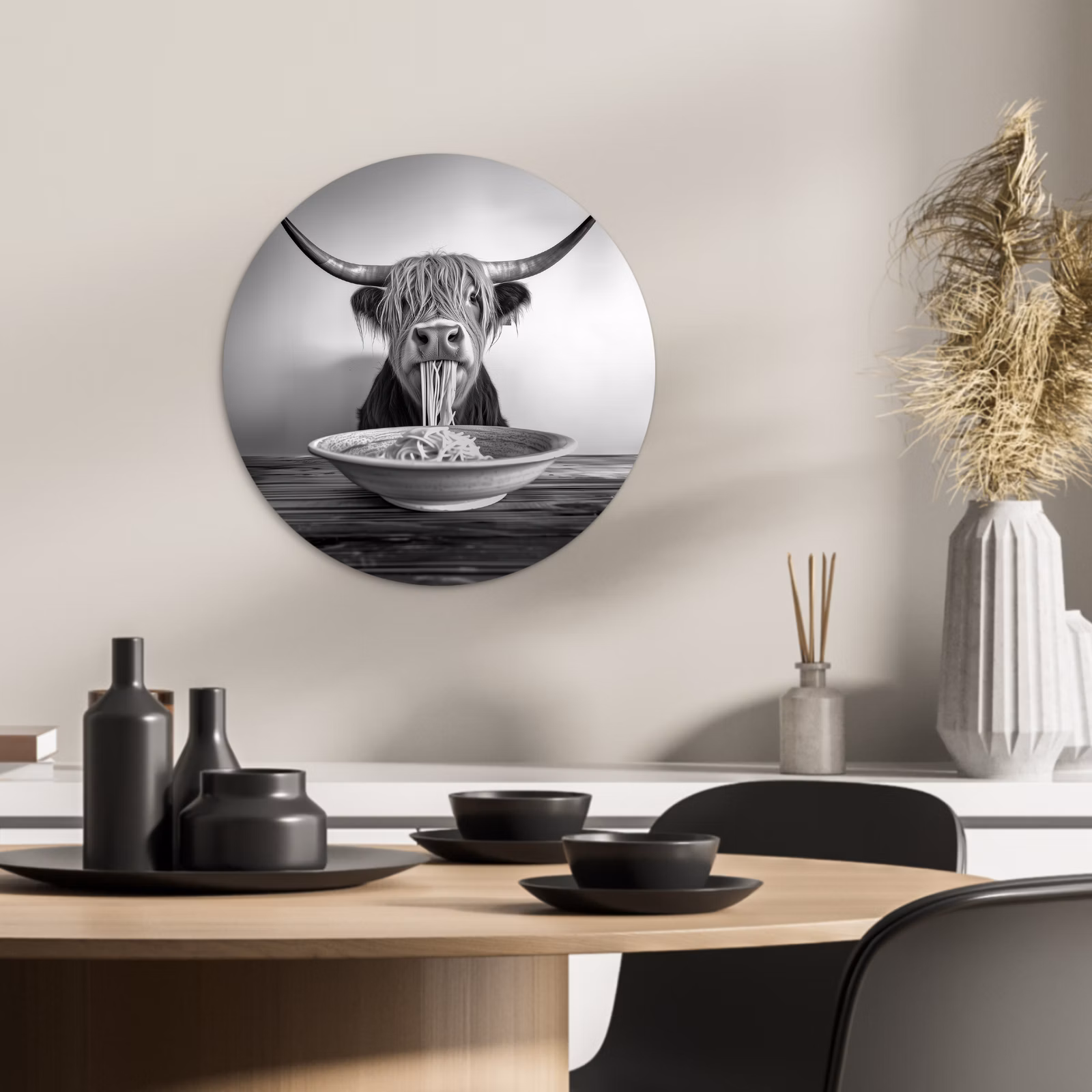 Quadro rotondo - Highlander scozzese - Spaghetti - Animali - Bianco e nero — 1