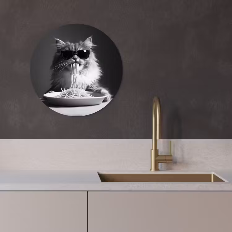 Quadro rotondo - Gatto a pelo lungo - Occhiali da sole - Spaghetti - Umorismo - Nero - bianco — 2