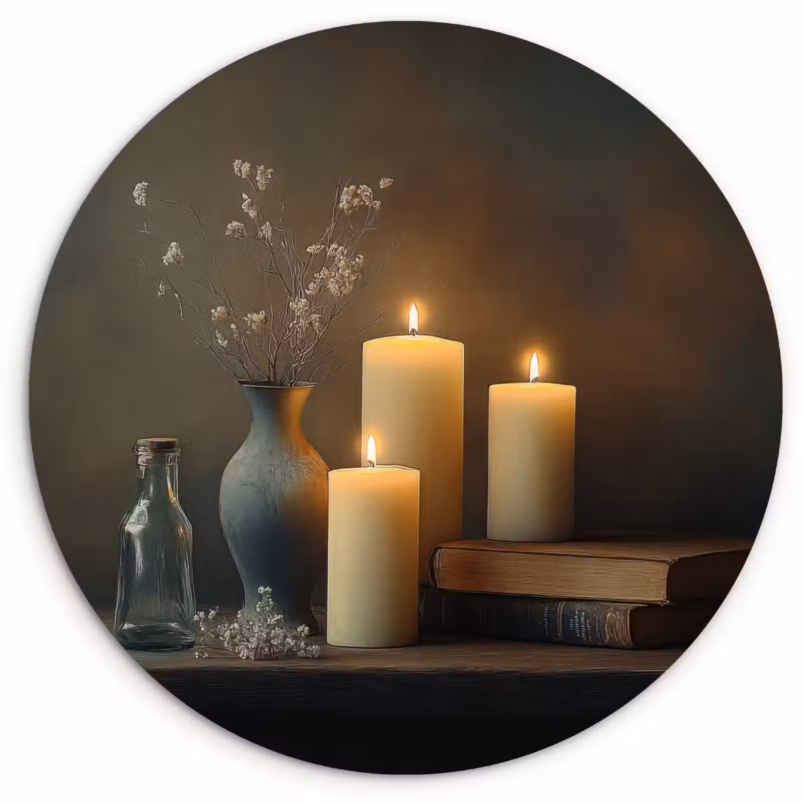 Quadro rotondo - Candele - Natura morta - Rustico - Libri — 1